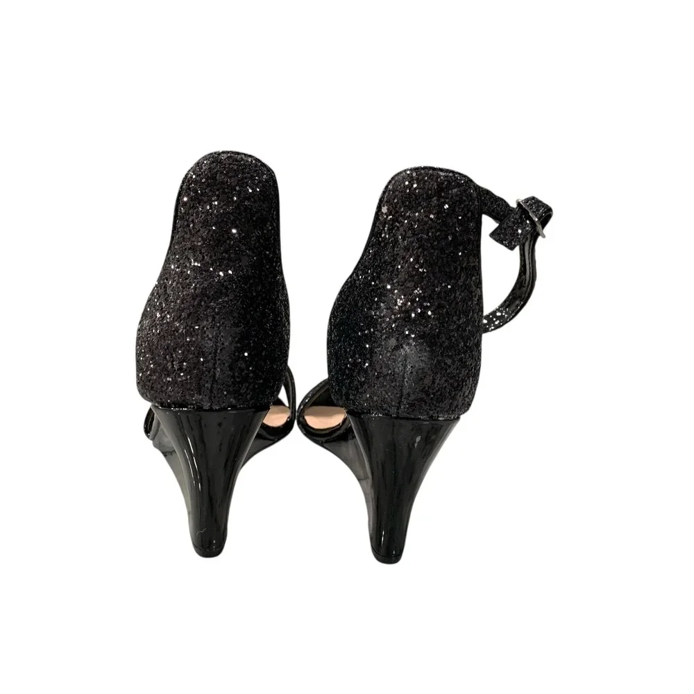 Forever Ashlyn-18 Black Glitter Wedge Sandals Ankle‎ Strap Heels 7.5 New